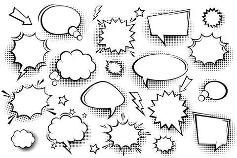 Collection of empty comic speech bubbles with halftone shadows. Hand drawn retro Illustrazione stock