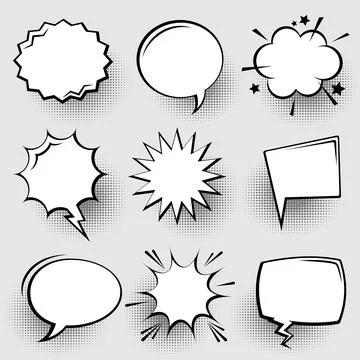 Collection of empty comic speech bubbles with halftone shadows. Hand drawn retro Stock Illustration