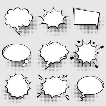 Collection of empty comic speech bubbles with halftone shadows. Hand drawn retro Illustrazione stock
