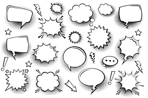 Collection of empty comic speech bubbles with halftone shadows. Hand drawn retro Illustrazione stock