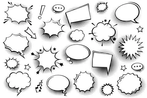Collection of empty comic speech bubbles with halftone shadows. Hand drawn retro 스톡 일러스트
