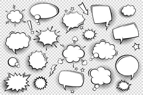 Collection of empty comic speech bubbles with halftone shadows. Hand drawn retro Illustrazione stock