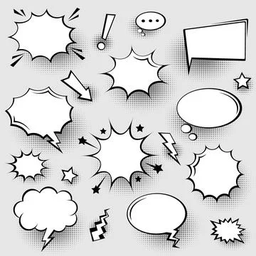 Collection of empty comic speech bubbles with halftone shadows. Hand drawn retro Illustrazione stock