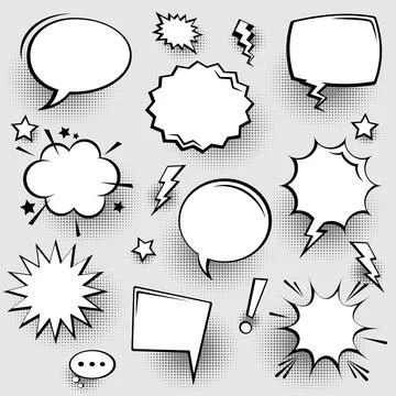 Collection of empty comic speech bubbles with halftone shadows. Hand drawn retro Stock Illustration