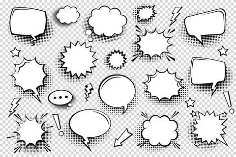 Collection of empty comic speech bubbles with halftone shadows. Hand drawn retro Stock Illustration