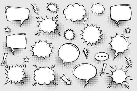 Collection of empty comic speech bubbles with halftone shadows. Hand drawn retro Stock Illustration