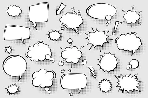 Collection of empty comic speech bubbles with halftone shadows. Hand drawn retro Stock Illustration