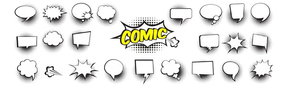 Collection of empty comic speech bubbles with halftone shadows. Vector Stock Illustration