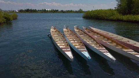 A collection of empty dragon boats moored together, bobbing with the Stock Footage 124679487