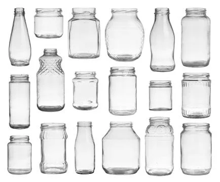 Collection of empty jars isolated on white background Stock Photos