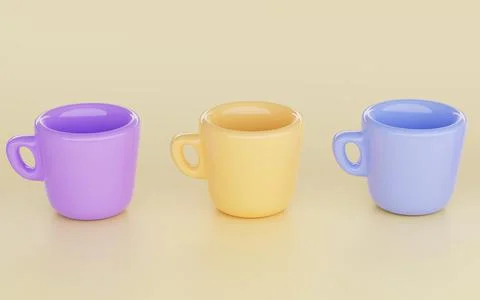 Collection empty modern for coffee or tea cups on isolated yellow background Stock Photos