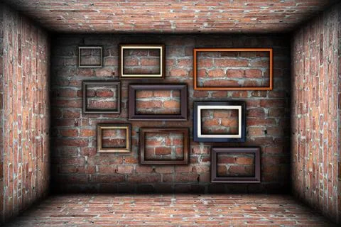 Collection of empty wooden frames in abstract empty room イラスト素材