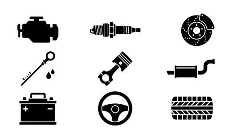 A collection of essential auto mechanic and car parts icons Stock Illustration