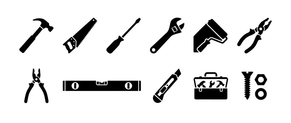 Collection of essential black vector tools icons for construction and home .. Stock Illustration