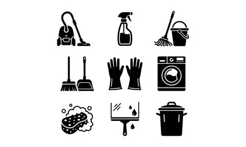 A collection of essential cleaning tools and equipment icons Stock Illustration