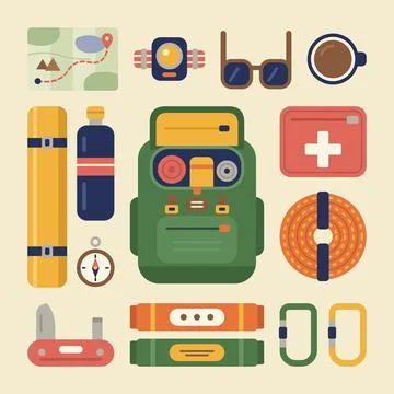 Collection Of Essential Flat Lay Items For Outdoor Activities And Camping Illustrazione stock