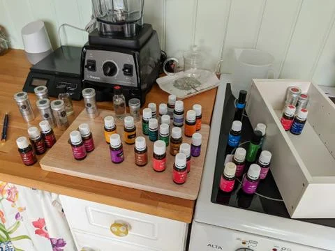 Collection of Essential oils on a kitchen worktop. Stock-Fotos