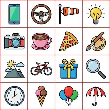 Collection of Everyday Objects and Icons in a Grid Layout. Ilustração Stock
