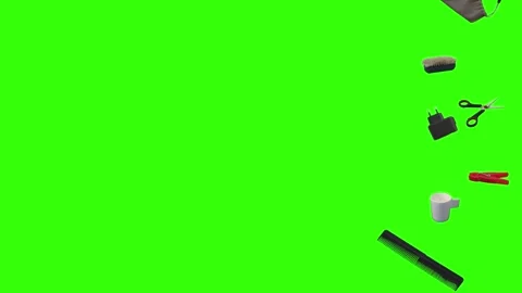 Collection of everyday objects falling against a green screen background Stock Footage 340387104