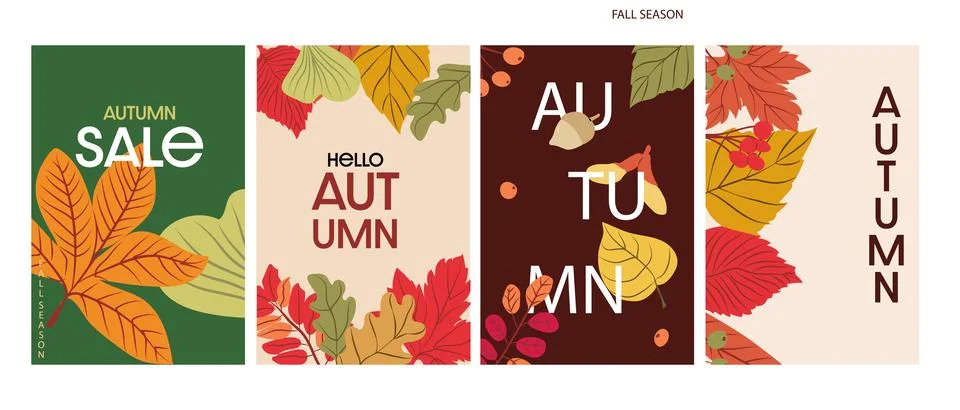 Collection of fall foliage posters featuring expressive leaf silhouettes in 스톡 일러스트