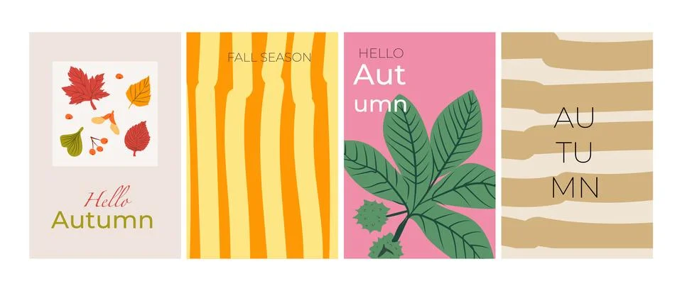 Collection of fall greeting cards featuring abstract leaves, organic shapes 库存插图