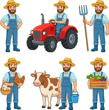 Collection of Farmers and Farm Elements in Cartoon Style. Stock Illustration