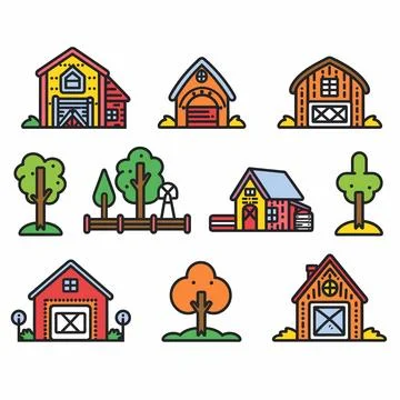 Collection farmrelated vector illustrations featuring barns, trees, windmill Stock Illustration