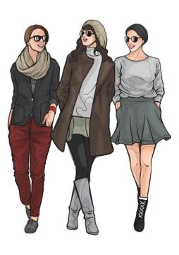 Collection of fashion models posing Stock Illustration