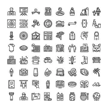Collection featuring diverse elements outline icon set Stock Illustration