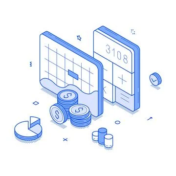 A collection of financial management tools displayed in an isometric format f Stock Illustration