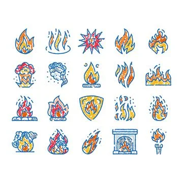 Collection of fire and flame scribble drawing icons Stock Illustration