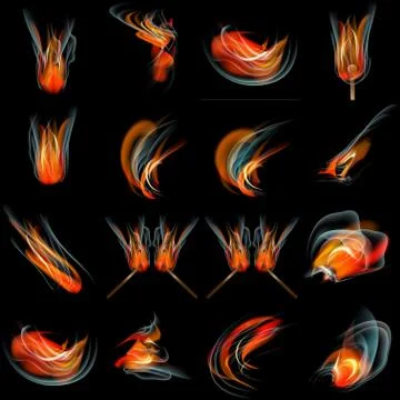 Collection of fires isolated on black background. Vector 스톡 일러스트
