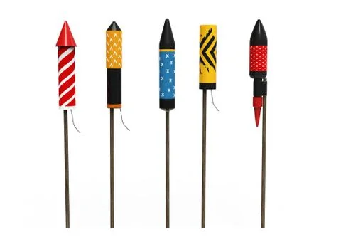 Collection of firework rockets, isolated on white background Stock Photos