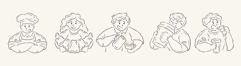 A collection of five charming characters for a coffee shop or bakery. Feature Illustrazione stock