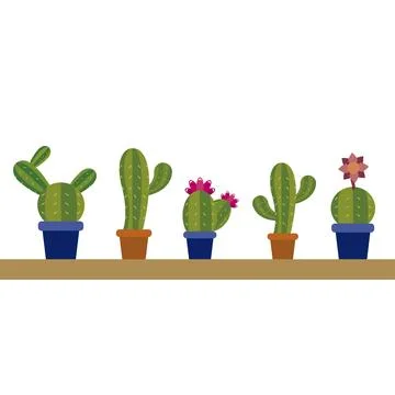Collection of five cute cacti. Vector Stock Illustration