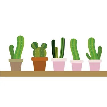 Collection of five cute cacti. Vector Stock Illustration