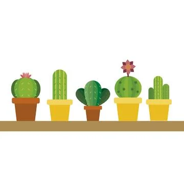 Collection of five cute cacti. Vector Stock Illustration