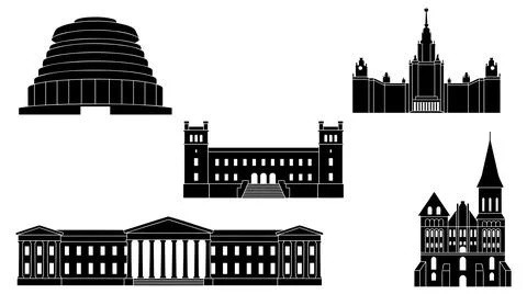 Collection of five distinct architectural building silhouettes vector graphics Ilustración de archivo