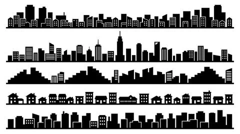 Collection of five distinct urban skyline silhouettes Illustrazione stock