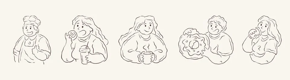 Collection of five happy characters. A baker gives a thumbs up, people eat do Stock Illustration