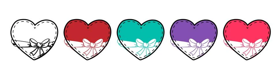 Collection of five hearts with bows with dashed stitching adorned Stock Illustration