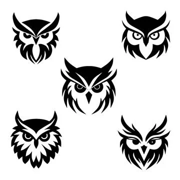 Collection of five owl black and white vector logos on a white background Stock Illustration