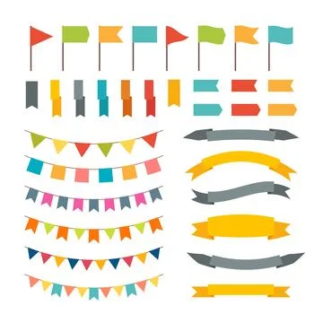 Collection of flags garland. Vector design elements. Buntings and flags. Ho.. Illustrazione stock