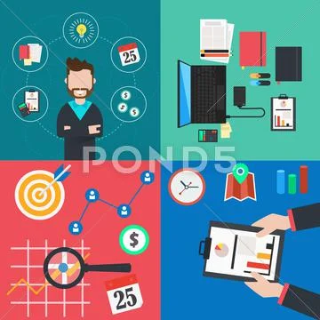 Collection of flat and colorful business and finance concepts icons. Vector Stock Illustration