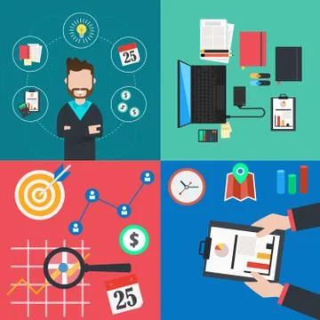 Collection of flat and colorful business and finance concepts icons. Vector Stock Illustration