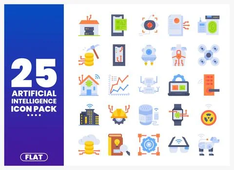 Collection of flat artificial intelligence icons with AI elements 库存插图