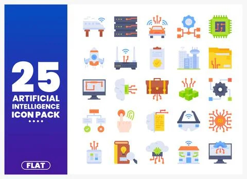 Collection of flat artificial intelligence icons in a grid layout on a whit.. Stock Illustration
