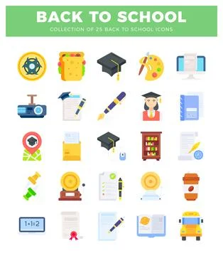 Collection of flat back-to-school icons on a white background with green head Stock Illustration