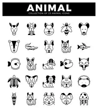 Collection of flat. black and white animal icons arranged in a grid with a .. Stock Illustration
