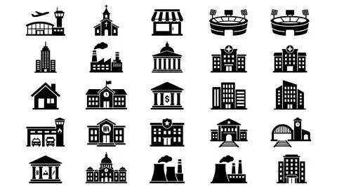 Collection of flat black building icons representing public urban Ilustración de archivo